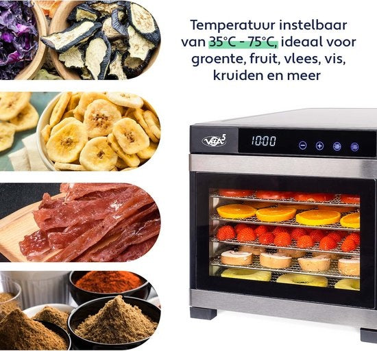 Vita5 Nobel Pro 6 Voedseldroger - Dehydrator 6 Laags - Droogoven RVS - 24-Uurs Timer - Led-bedieningspaneel - 650 Watt