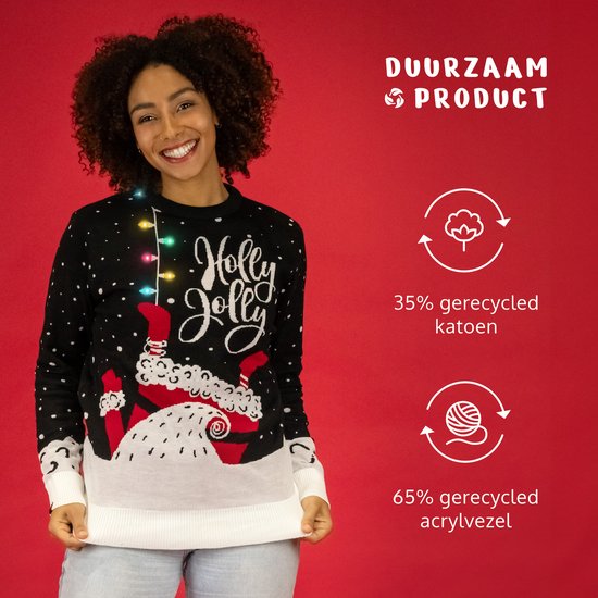 JAP Christmas Kersttrui met lichtjes (maat XL) - 100% Gerecycled - Kriebelt niet - Kerstcadeau volwassenen - Foute Kersttrui dames en heren - Holly Jolly - Zwart