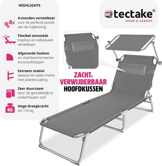 tectake® - ligstoel, robuust, verstelbaar, stalen onderstel met zonnescherm, 4-standen rugleuning inclusief hoofdkussen, strandstoel Ideaal voor tuin, zwembad, camping - grijs