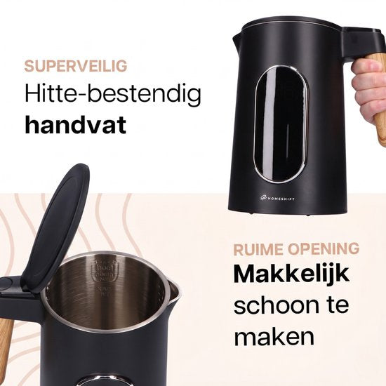 HomeShift® Waterkoker met Temperatuurregeling - Warmhoudfunctie - Dubbelwandig - Elektrisch - 1,7 Liter - 2200W - Zwart / Hout