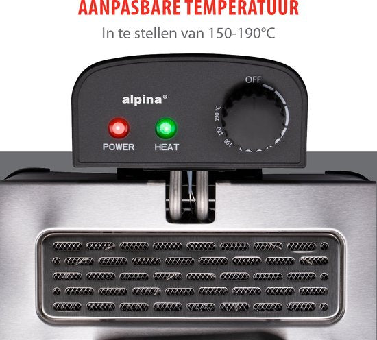 alpina Frituurpan Dubbel 5 Liter - Friteuse met Instelbare Thermostaat - Frituur met 3 Uitneembare Manden - Frietpan 2000W - 27,5 x 21,5 x 30,5 cm - RVS
