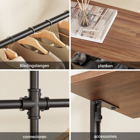 SoBuy wandgemonteerde kledingstang met 4 hangstangen en 4 MDF-planken, open kledingkast, draagvermogen 120 kg voor slaapkamer, 265x48x220 cm, industrieel zwart KLS19-SCH