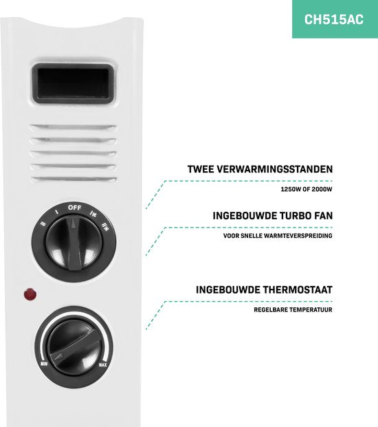 VONROC Elektrische Kachel – Convectorkachel 2000W – Met Ventilator – 2 Warmtestanden – Thermostaat – Wit