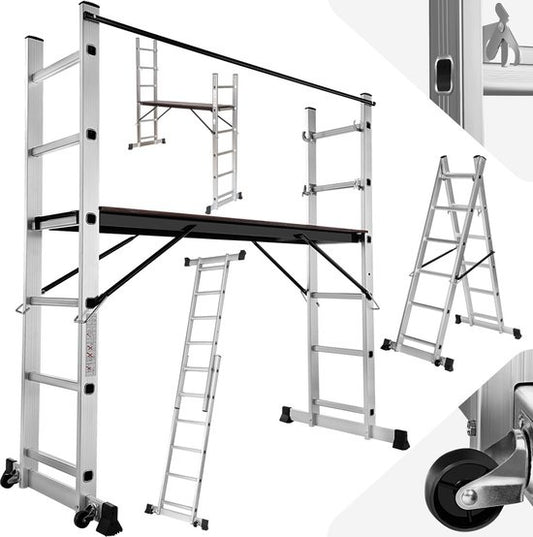 TecTake 3-in-1 Multifunctionele Ladder & Steiger - Verstelbaar – 150 kg Draagvermogen – Max. Hoogte 275 cm –Zilver