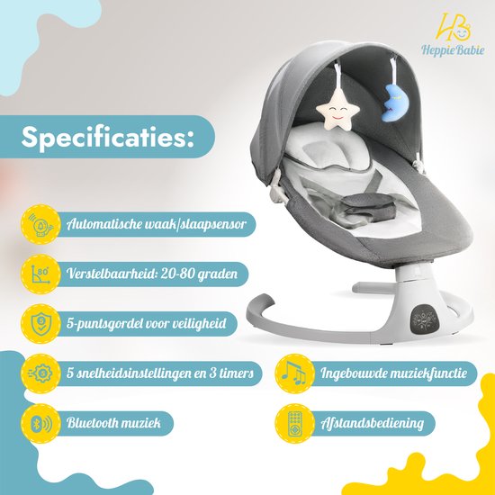 HeppieBabie Elektrische Wipstoel - Muziek en Swing Opties - 5 Punts Gordel - Babyschommel- Schommelstoel - Baby Swing - Met Ebook
