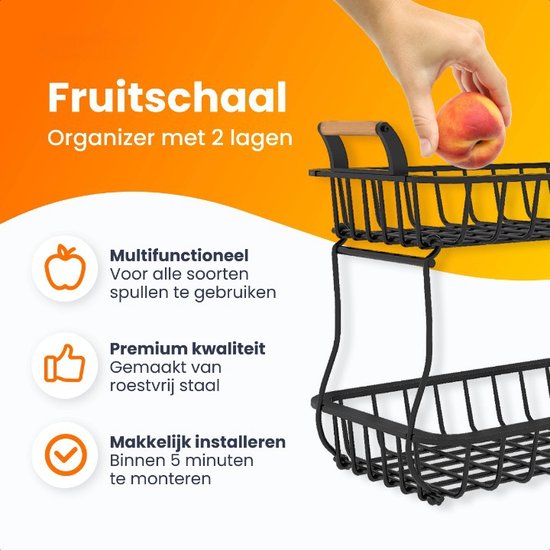 Posity Fruitschaal 2 Laags - Fruitmand - Fruit Etagere - Groentemand - Draadmand - Fruitrek - Hout & Metaal - Zwart