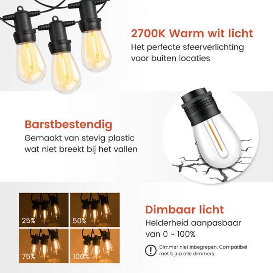 Partizzle 15m LED Lichtsnoer voor Buiten - Terras en Camping Tuinverlichting - Kerst Lampjes Slinger - Kerstverlichting - Waterdicht Lichtslinger - 2700K / Warm Wit