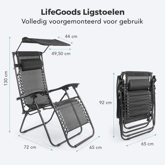 LifeGoods Opvouwbare Tuinstoelen - met Luifel - Verstelbaar Zonnescherm - 2 Stuks - 30°-90° Verstelbaar - Metaal - Zwart