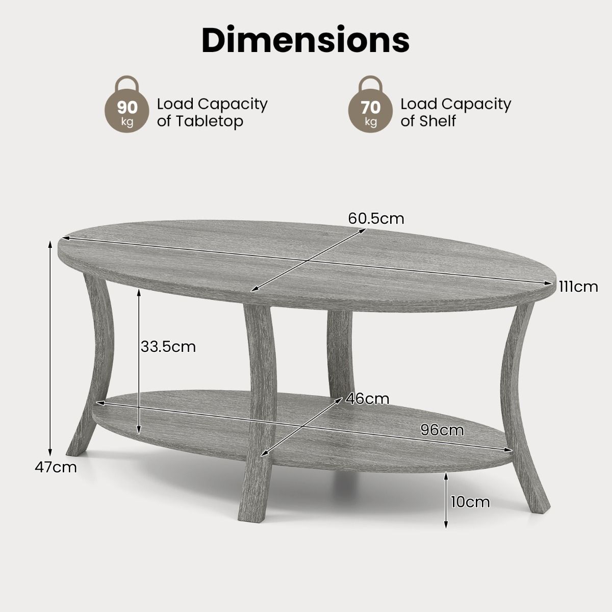 Coast Ovale Salontafel - 2-laags met opbergruimte - rubberhout - grijs - 111 x 60,5 x 47 cm