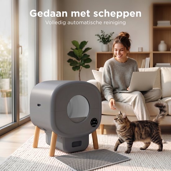 TrevoPet® Neo - Automatische Kattenbak met App - Zelfreinigende & Veiligheidssensoren - 13L Afvalbak - Incl. Kattenbakmat, 60 Zakjes & Accessoires - Grijs