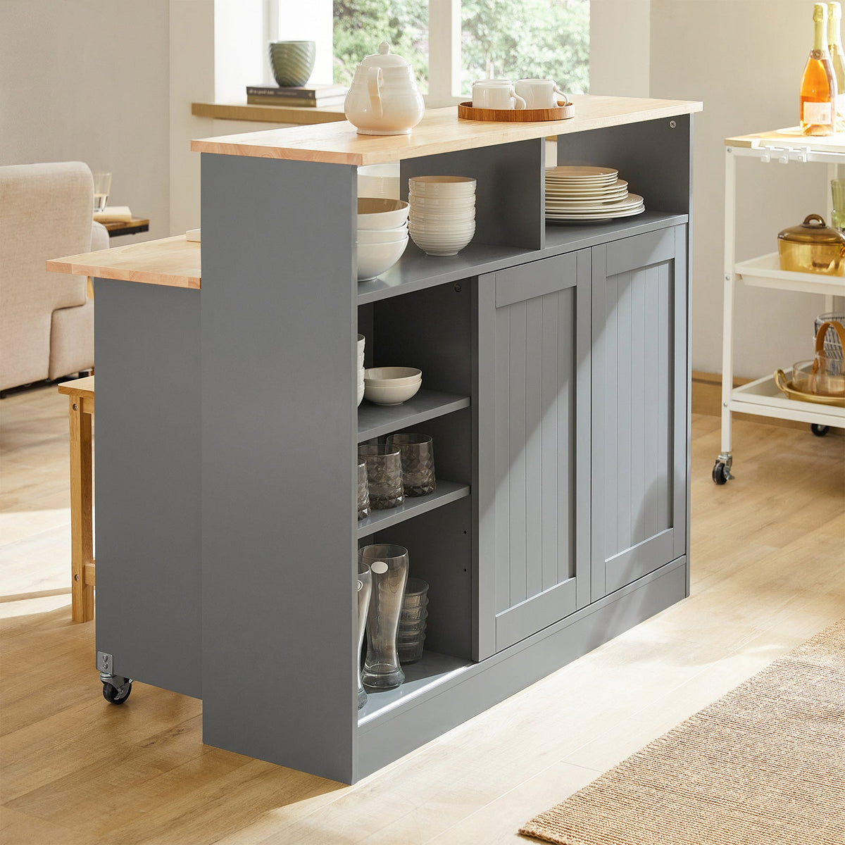 SoBuy FSB36-HG Opbergkast met Schuifdeuren en Uitschuifbaar Werkblad – 110x68x97 cm – Lichtgrijs