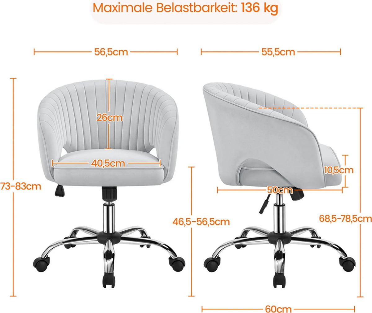Yaheetech Bureaustoel Fauteuil – 60 x 56,5 x 73-83 cm – Voorzien Van Fluweelzachte Bekleding En Verstelbare Zithoogte En Ontspannende Schommelfunctie – Voor Kantoor En Ontvangsthal – Lichtgrijs Polyester En Metaal