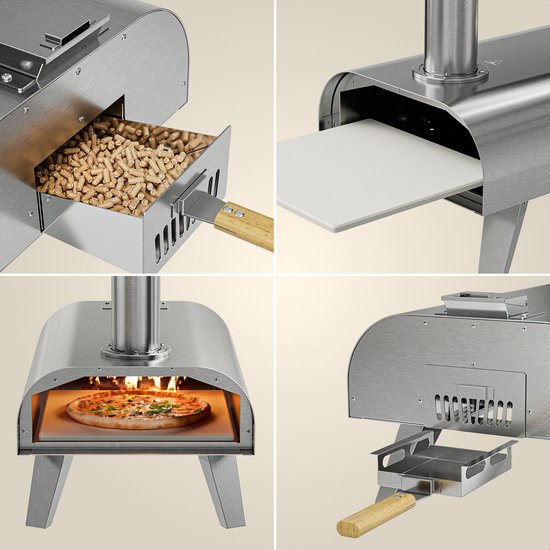 KitchenBrothers Pizza Oven - Houtgestookt - Tafelmodel - Met Beschermhoes - PFAS-vrij - Inklapbaar - Pizzasteen - tot 460°C Pizza maker - Complete Set - Pizzaoven voor Buiten - RVS