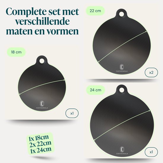 Castagnola Inductie Beschermer - Panbeschermer Hittebestendig tot 280ºC - Afdekplaat voor Kookplaat & Inductieplaat - Antislip Pannen Onderzetter Mat - Set van 4: 1x18cm, 2x22cm en 1x24cm
