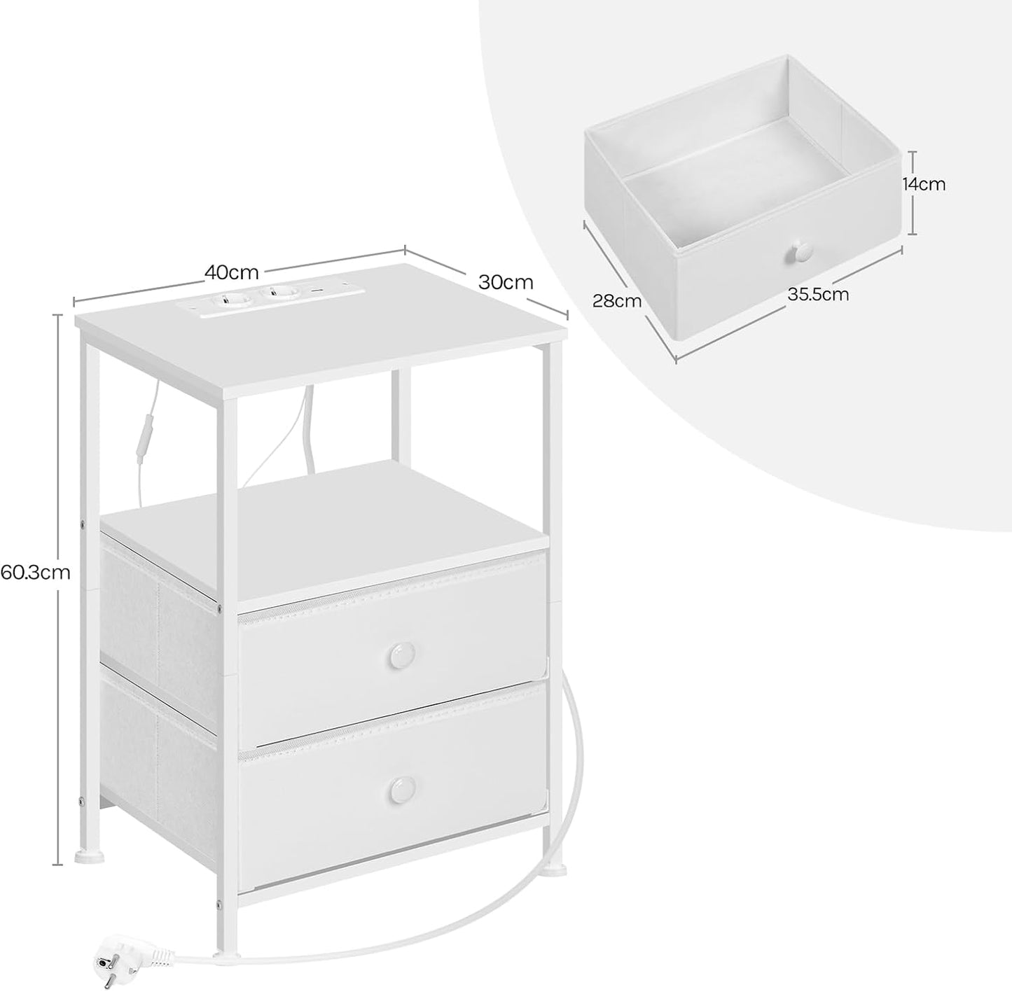 Woltu Nachtkastje met Stopcontact en Ledverlichting - Set van 2 - Wit - 40x30x60 cm