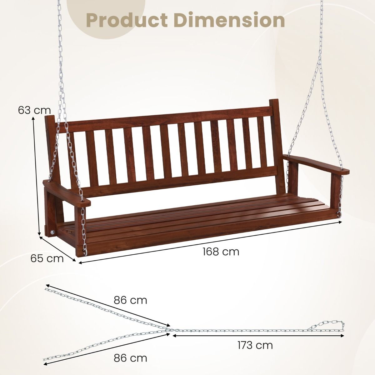 Coast Houten Buitenschommelbank - 3-zits - Verstelbare kettingen - Bruin 168 x 65 x 63 cm