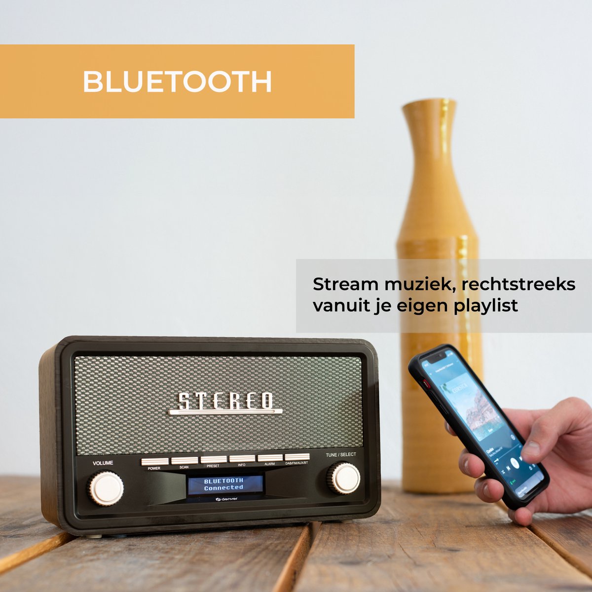 Denver DAB18DG DAB+/FM Retro Radio - Bluetooth - Dimbaar LCD - Hout - Donkergrijs - 14,8 x 26,1 x 11,3 cm