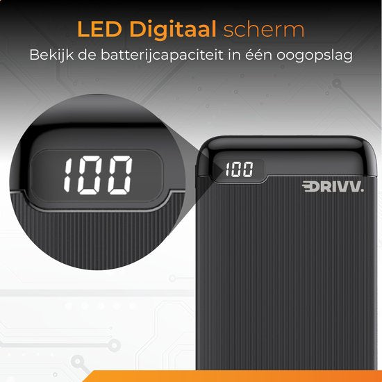 Drivv. Powerbank – 20.000 mAh, Snelladen & LED-display – 22,5 W – Zwart