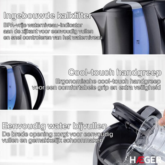 Haeger Blackness Waterkoker - 360° draaibaar - 1.7L - 2200W - Elektrisch - Cool Touch - Zwart