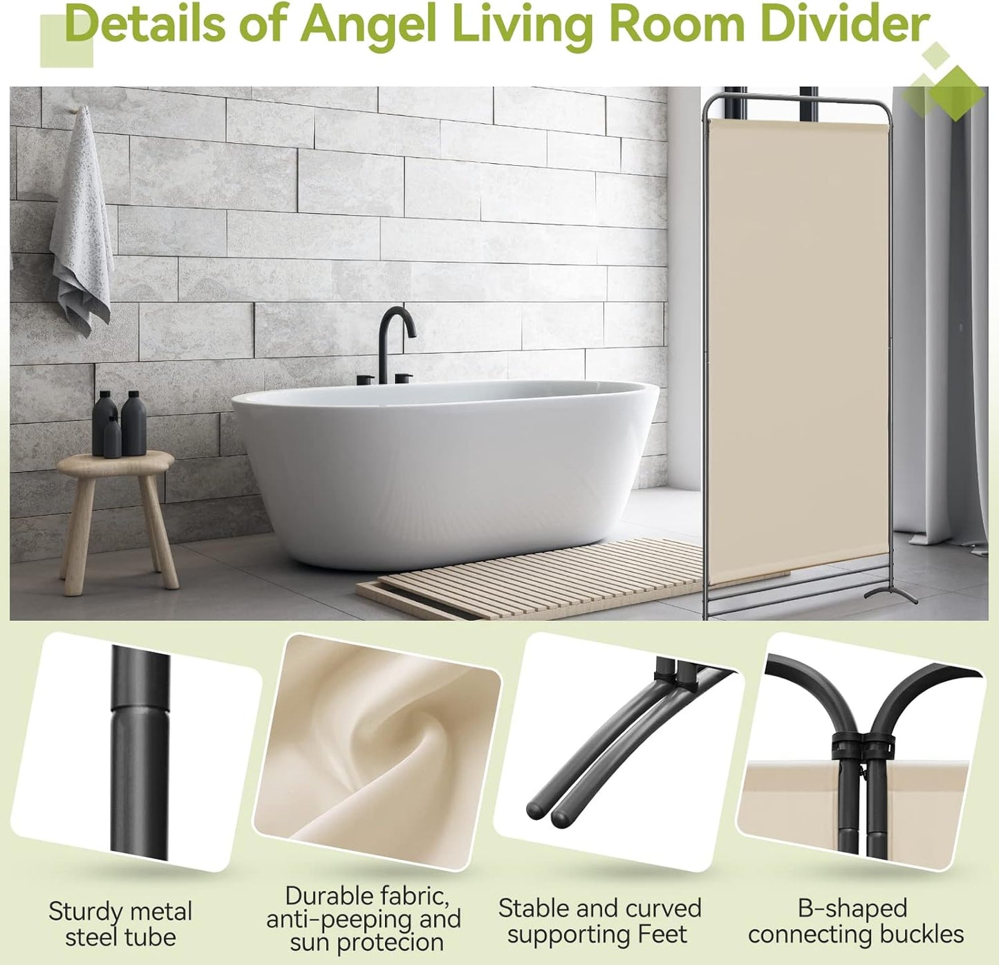 Angel Living Paravent - 1-delig - 81x180 cm - Klapbaar - Vrijstaand - Metalen Frame - Kamerverdeler & Privacy Scherm - Beige
