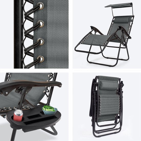 LifeGoods Opvouwbare Tuinstoelen - Verstelbaar Zonnescherm - Ligstoel Tuin - 2 Stuks - 30°-90° Verstelbaar - Metaal - Donkergrijs