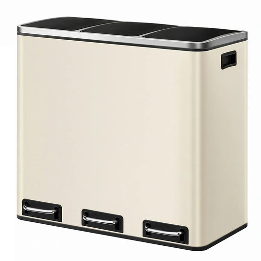 Ochama Recycling Prullenbak - 3 x 18L - Pedaalbediening - RVS - 61 x 35,2 x 56,4 cm - Beige