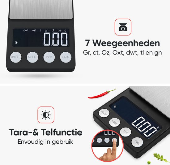 Kitchenwell digitale mini precisie keukenweegschaal - 0,01 tot 200 gram - 14.2 x 7.5 cm - pocket scale USB oplaadbaar - weegschaal keuken - zwart