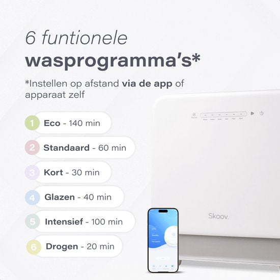 Skoov – Mini Vaatwasser Vrijstaand – 43 x 45 x 46 cm & 900 watt – Voorzien Van 6 Programma's En 5 liter Waterverbruik – Voor Studio's Campers En Kleine Keukens – Wit Kunststof En Metaal