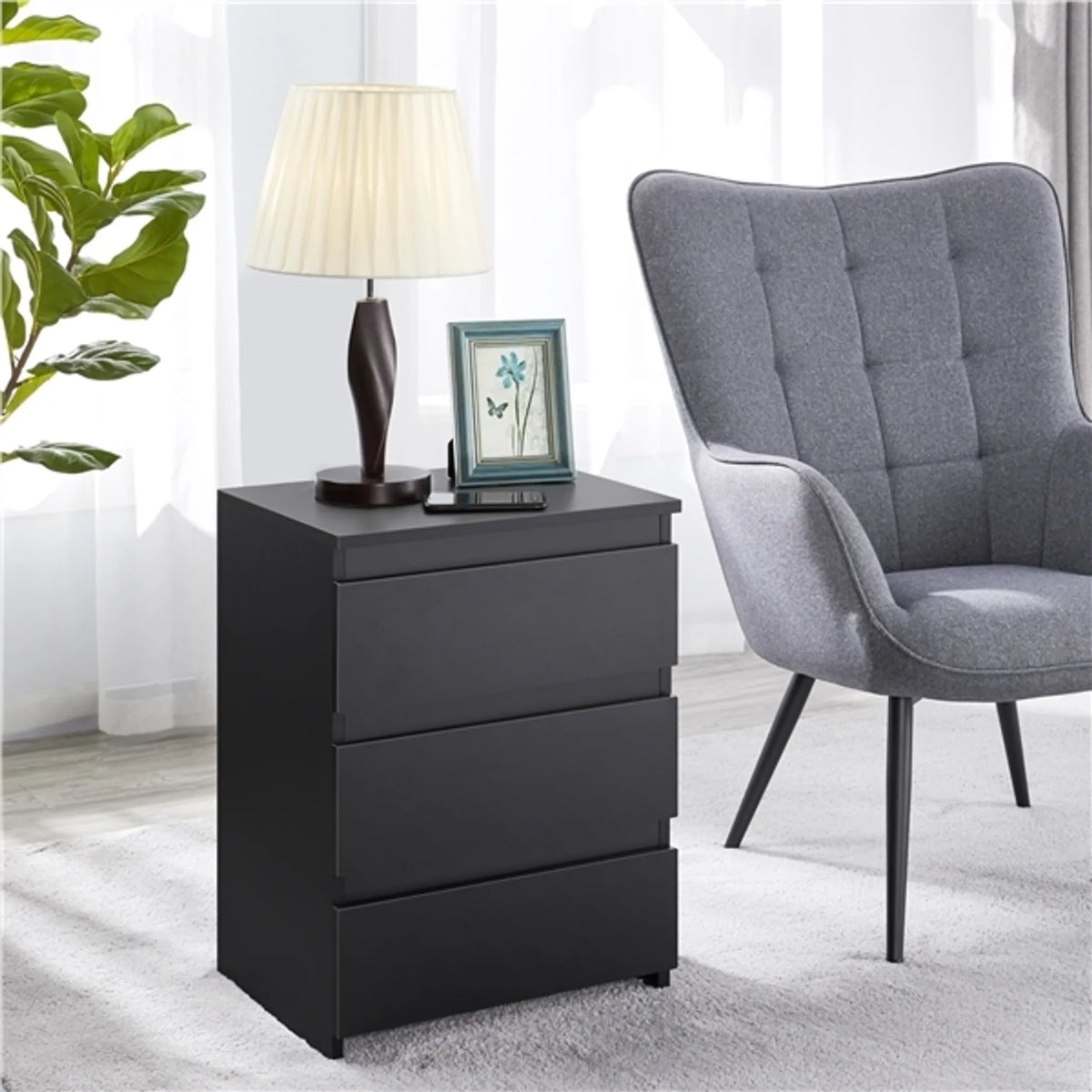 Yaheetech Stijlvol Nachtkastje met 3 Schuifladen 45,5x35,5x60,5 cm – Strak Zwart – MDF