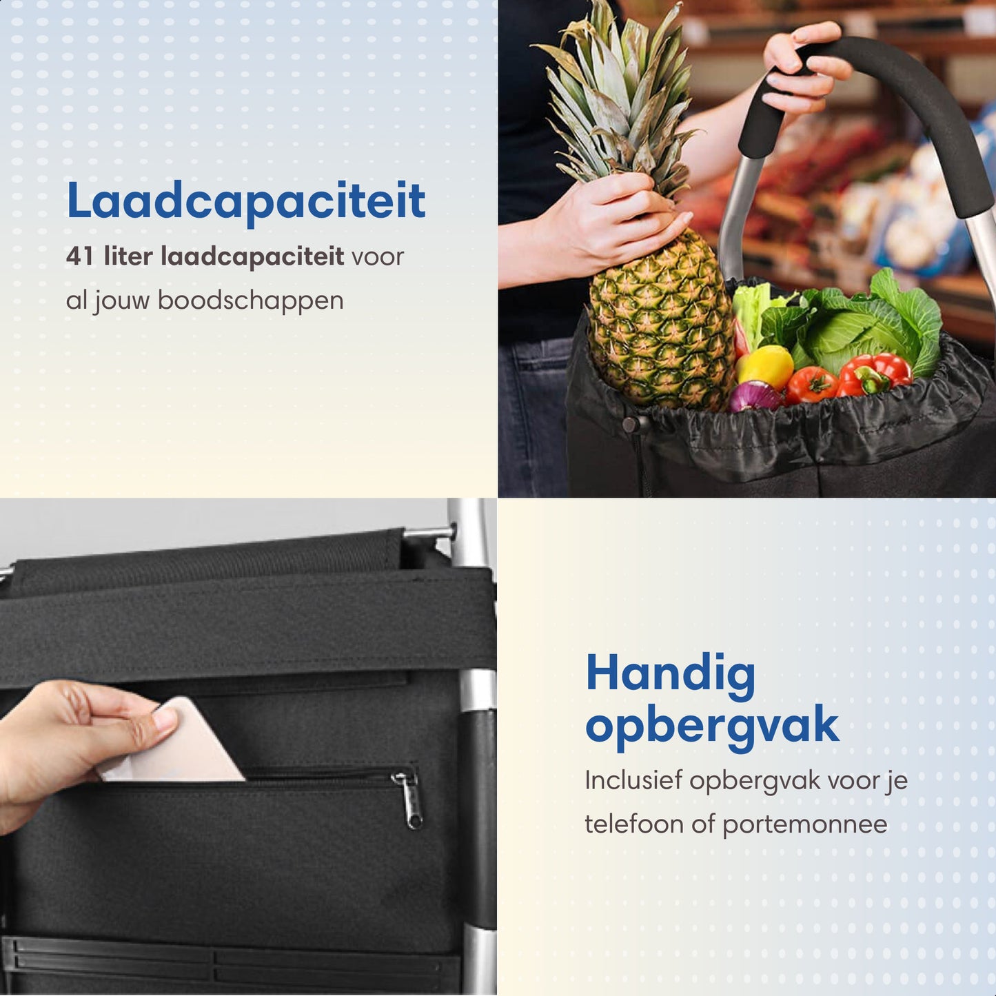 SafeLife Boodschappentrolley Grijs – 38 × 45 × 103 cm – Inklapbaar, Lichtgewicht & Met Koelvak