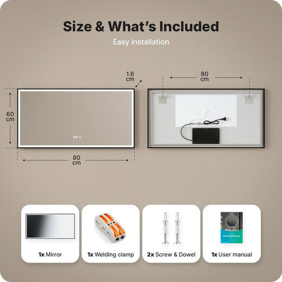 Mirlux Badkamerspiegel met LED Verlichting & Verwarming – Wandspiegel Rechthoekige – Anti Condens Douchespiegel - 120 x 60 cm - Zwart Frame