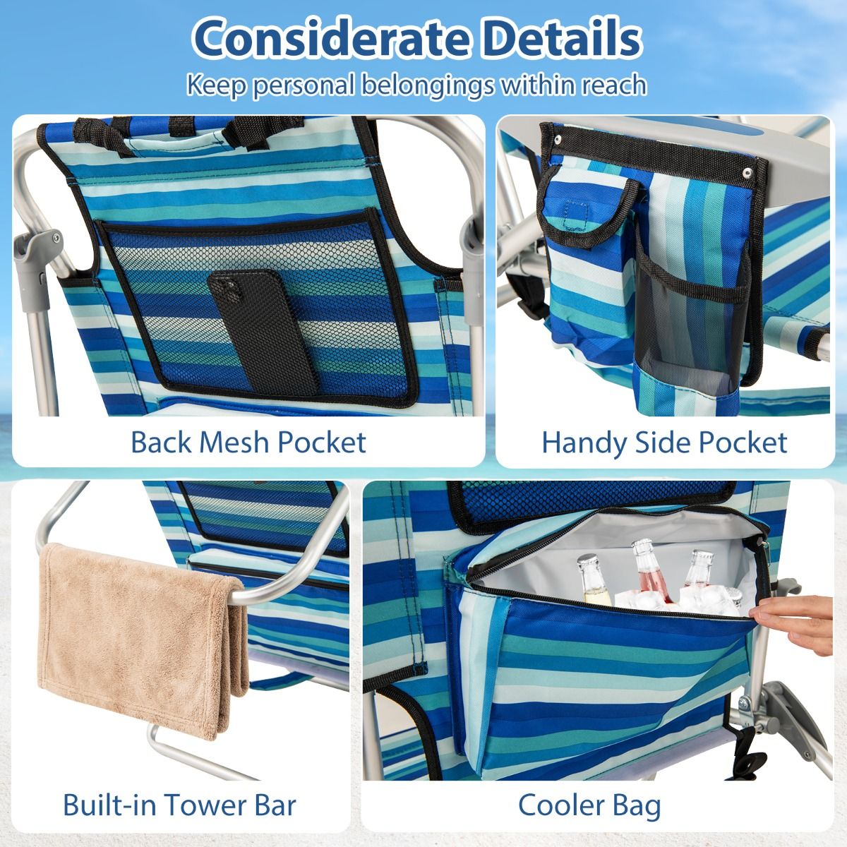 Coast Opvouwbare Strandstoel Set - Verstelbare Rugleuning - Inclusief Koelbox - Blauw