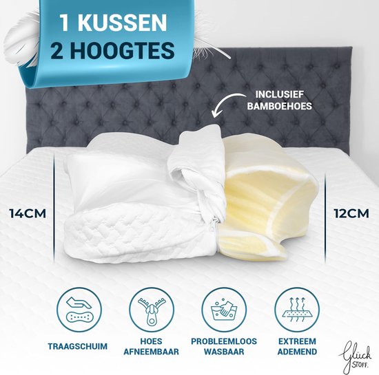 Glückstoff Orthopedisch Kussen Nekklachten met Memory Foam - Hypoallergeen, Ergonomisch Kussen, Voor Nacken- en Rugpijn, Geschikt voor Alle Slapen, Inclusief Jute Beutel