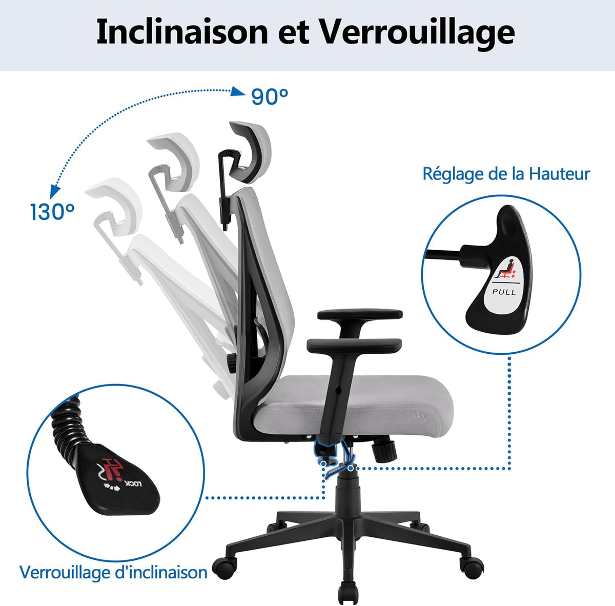 Yaheetech Ergonomische Bureaustoel met Verstelbare Lendensteun en Hoofdsteun 70 × 70 × 125 cm Lichtgrijs