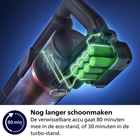 Philips Steelstofzuiger met Dweilfunctie XC8055/01 Aqua Plus - Draadloos en Zonder Zak - Zuigmond met LED Verlichting - Kruimeldief - Batterijduur tot 80 min - Lichtgewicht - Blauw
