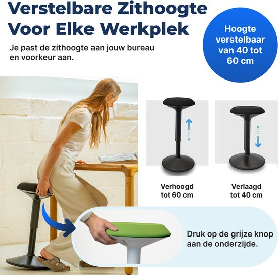Backerz Wiebelkruk - Ergonomische Wiebel Stoel hoogte 40-60cm - Balanskruk - Zit Sta kruk - Zadelkruk Groen