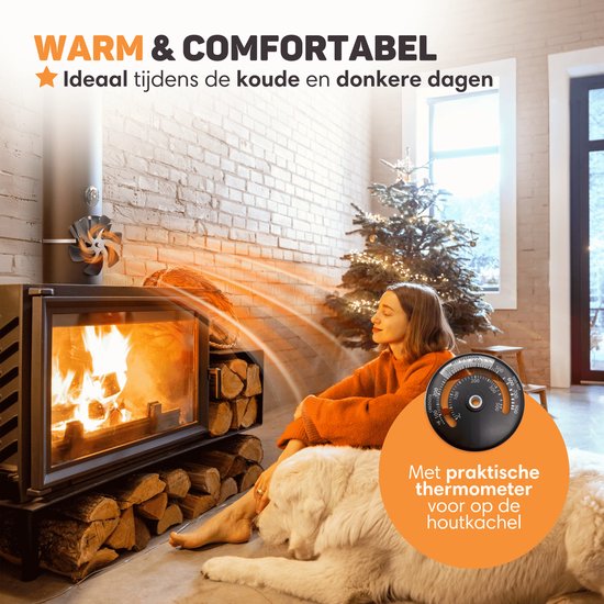 Vulpes Goods® Tech - Kachelventilator voor Houtkachel - Haardventilator - Ecofan - Warmte Ventilator - 6 Bladen - Incl. Thermometer & Handschoen - PRO versie