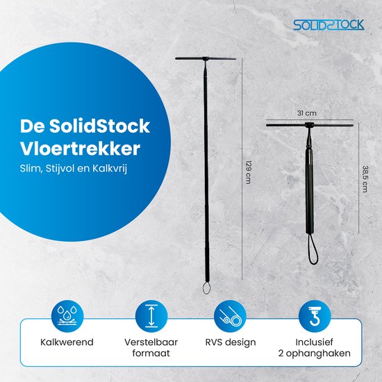 SolidStock Luxe Vloertrekker RVS - Vloerwisser met Steel - Verstelbaar in Lengte 38.5 tot 129 CM - Trekker Douche en Badkamer Vloer - Uitschuifbare Douchewisser - Zwart
