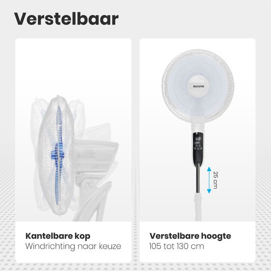 Auronic Statiefventilator - Staande Ventilator met Afstandsbediening - Hoogte Verstelbaar - Roterend - Slaapmodus - Stille Ventilator - Wit