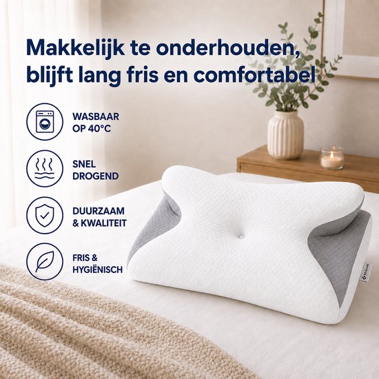 Ergonomisch Hoofdkussen - 95% Katoen - Hoofdkussen Nekklachten - Vlinderkussen - Voor Rug-, Buik- en Zijslapers - Memory Foam - Traagschuim Kussen - Slaapkussen - Kussen - Ergonomisch Kussen - Orthopedische Kussens - Medium