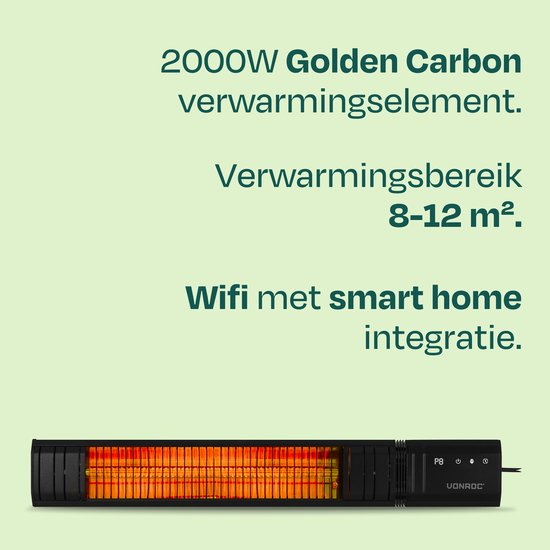 VONROC Terrasverwarmer Sabatini 2000W – Patio heater – Golden Carbon verwarmingselement – 24 uurs timer - Met afstandsbediening, touch display & Wifi