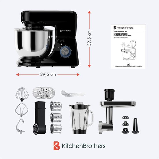 KitchenBrothers Keukenrobot - 6-in-1 Keukenrobot - 1500W - Met Gehaktmolen, Blender en 15 Accessoires - 6,2L RVS Kom - Zwart
