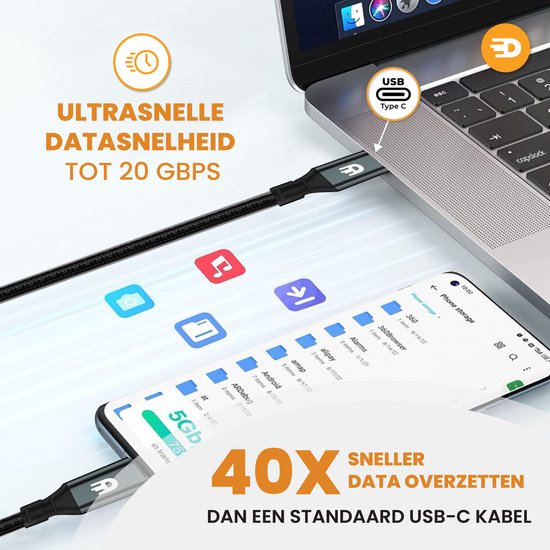 Drivv. USB C Kabel naar USB C 3.2 - 100w Snellader - 4K 60Hz - 20GBs - 3 Meter - Geschikt voor Samsung, Macbook, iPhone 15 & Meer - Nylon - Grijs