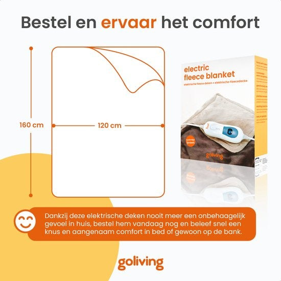 Goliving Elektrische Fleece Plaid - Warmtedeken - Verwarmende Fleecedeken - Elektrische Deken - 3 Warmtestanden - Machinewasbaar - 120 Watt - 2.5 Meter Snoer - Sherpa Flanel - 160 x 120 cm - Bruin