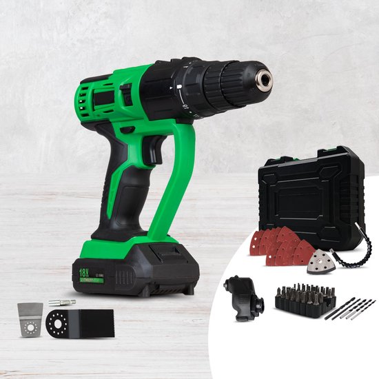 Hammersmith MultiTool Set - 18V - roterend en oscillerend Accu-Multitool - boor, snijden, zagen, schaven en schuren - grote accessoireset en koffer