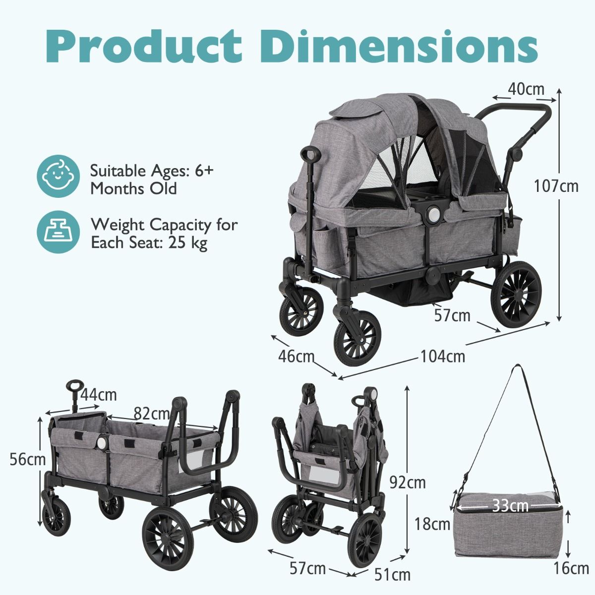 Coast 2-in-1 Opvouwbare Geschwisterwagen - Grijs - 104 x 57 x 107 cm – Verstelbare Handgreep & Afneembare Kap