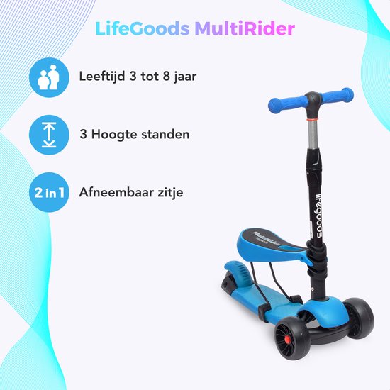LifeGoods MultiRider Kinderstep - Step 3-8 Jaar - Verstelbaar Zitje - Lichtgevende Wielen - Jongens/Meisjes - Blauw