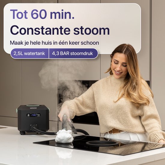 LUMAN Stoomreiniger MAX – 2600W - 60 min Stoomtijd - 2.5L Watertank – Handstoomreiniger & Tapijtreiniger - Zwart
