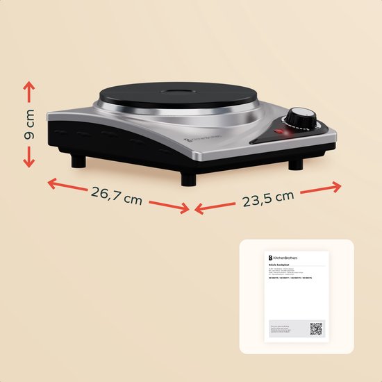 KitchenBrothers Elektrische Kookplaat - 1 Pits - Vrijstaand - 7 temperatuurstanden - 1500W - RVS/Zwart