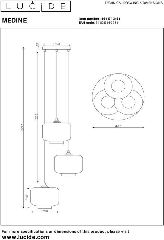 Lucide MEDINE - Hanglamp - Ø 46 cm - 3xE27 - Opaal